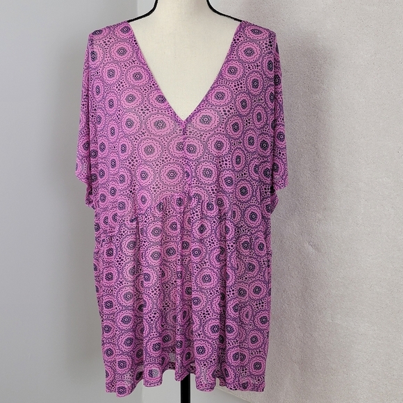 Lane Bryant Pink Geo Print Babydoll Mesh Cap Sleeve V-Neck Top Sz 26/28 NEW - Picture 2 of 11